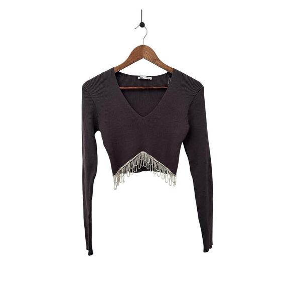 ZARA Gray Ribbed Knit Cropped Sweater w/ Pearl Rhinestone Fringe Hem - Size M - Picture 2 of 12